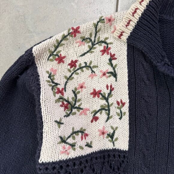 Vintage 90s Chunky Handknit Floral Sweater Cardigan Size L Womens - Picture 2 of 7